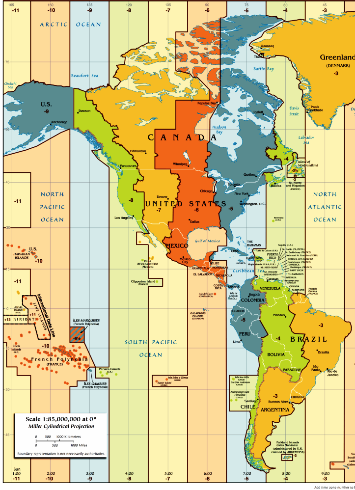 Карта часовых поясов Северной и Южной Америки