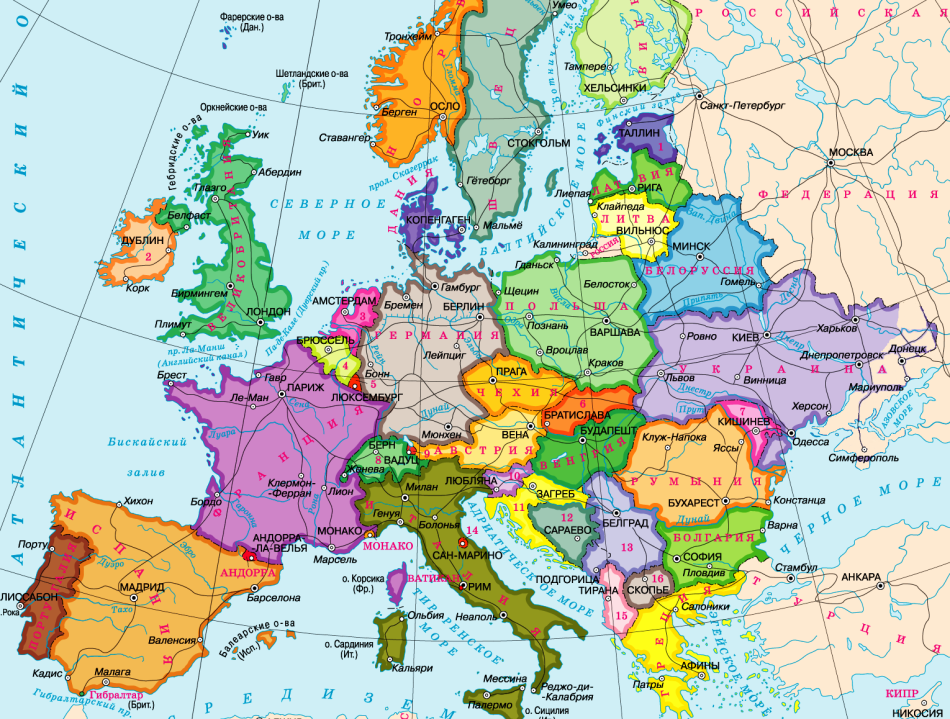 Карта Европы в хорошем качестве на русском языке со странами и столицами