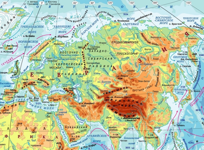 Карта Евразии физическая