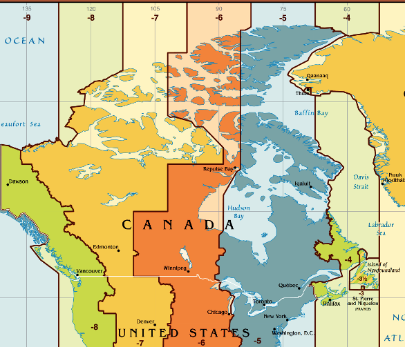 Часовые пояса Канады. Карта часовых поясов Канады.