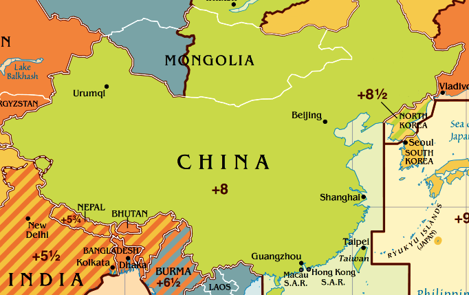 Часовой пояс Китая. Карта Часового пояса Китая.