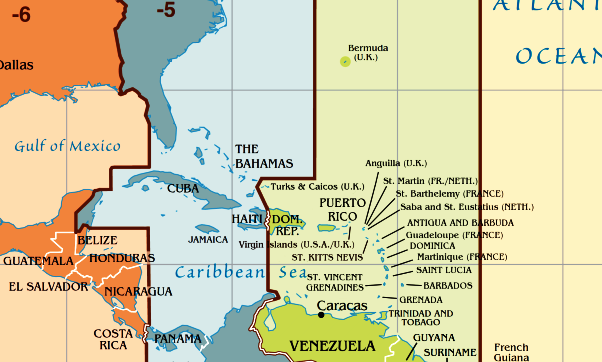 Часовой пояс Доминиканы. Карта часового пояса Доминиканской Республики.