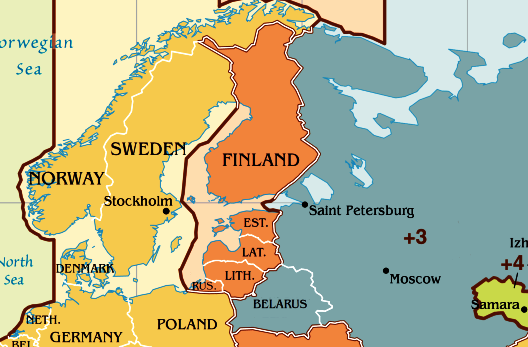 Часовой пояс Финляндии. Карта часового пояса Финляндии.