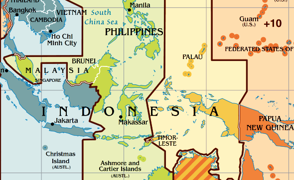 Карта часовых поясов Индонезии.
