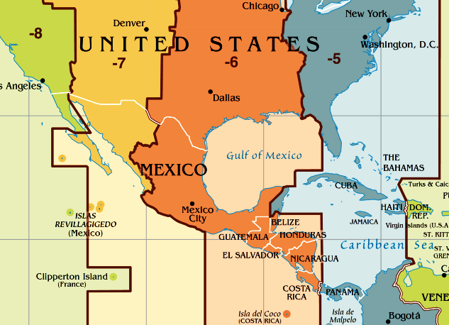 Часовые пояса Мексики. Карта часовых поясов Мексики.