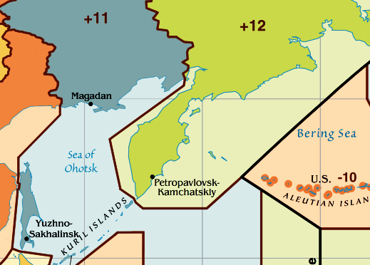 Часовой пояс Петропавловска-Камчатского. Карта часового пояса Петропавловска-Камчатского.