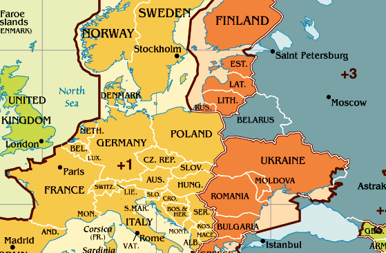 Часовой пояс Польши. Карта часового пояса Польши.