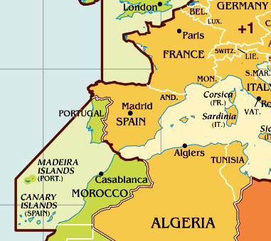 Часовой пояс Испании. Карта часового пояса Испании.